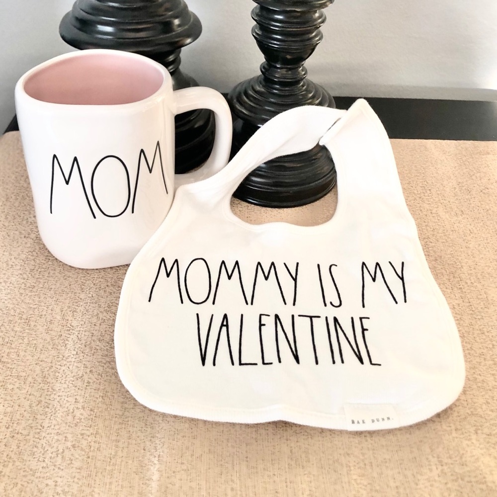 🆕Rae Dunn Ceramic MOM Mug & MOMMY IS MY VALENTINE Baby Bib Set